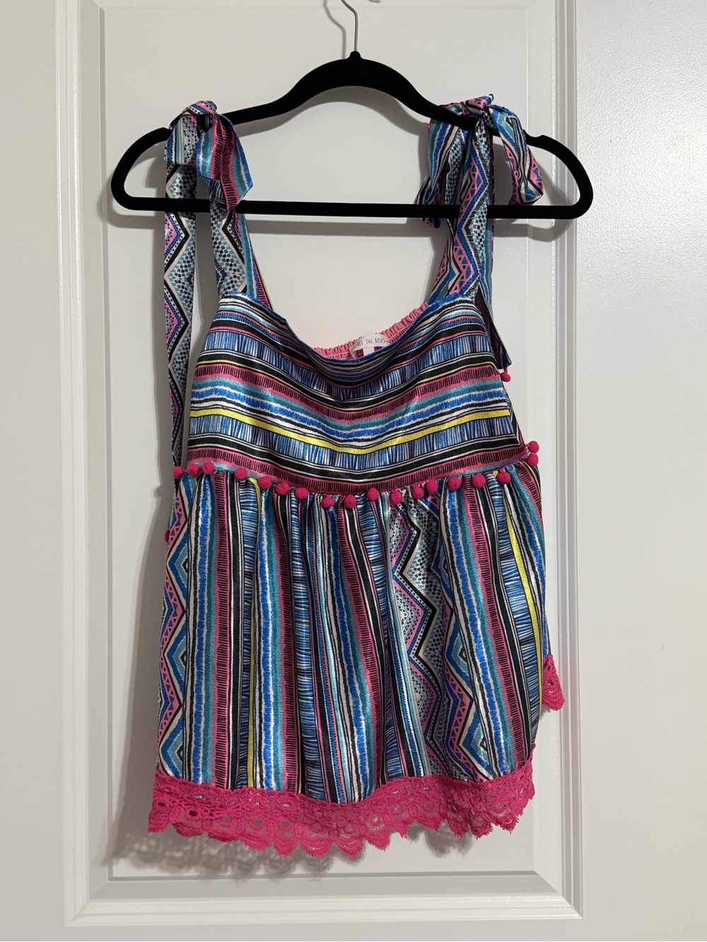 Boho Striped Tie-Shoulder Tank Top with Pink Trim
